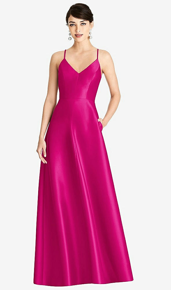 Front View - Think Pink V-Neck Full Skirt Satin Maxi Dress