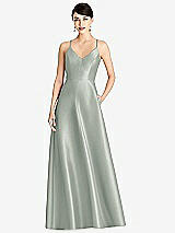 Front View Thumbnail - Willow Green V-Neck Full Skirt Satin Maxi Dress