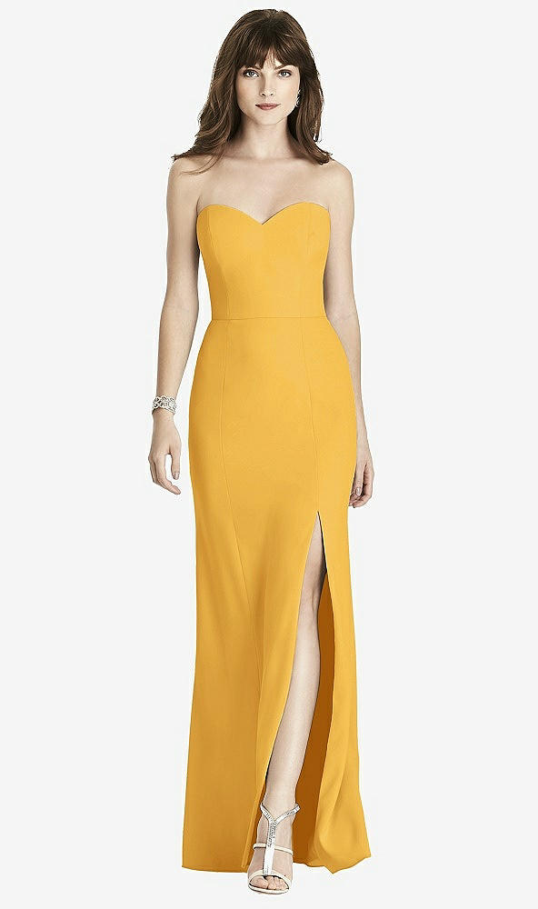 Front View - NYC Yellow Strapless Crepe Trumpet Gown with Front Slit