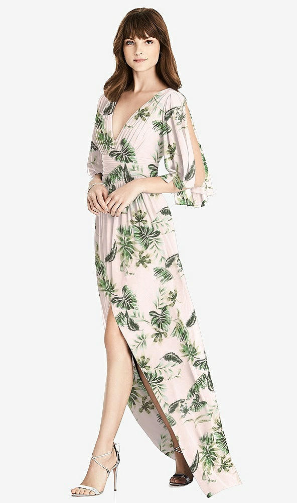 Front View - Palm Beach Print Split Sleeve Backless Chiffon Maxi Dress