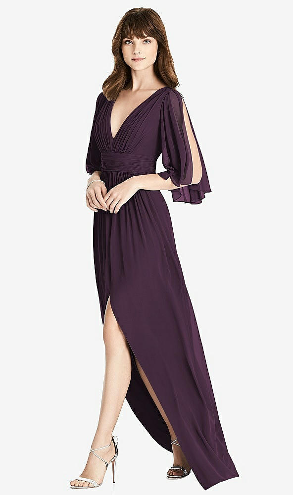 Front View - Aubergine Split Sleeve Backless Chiffon Maxi Dress