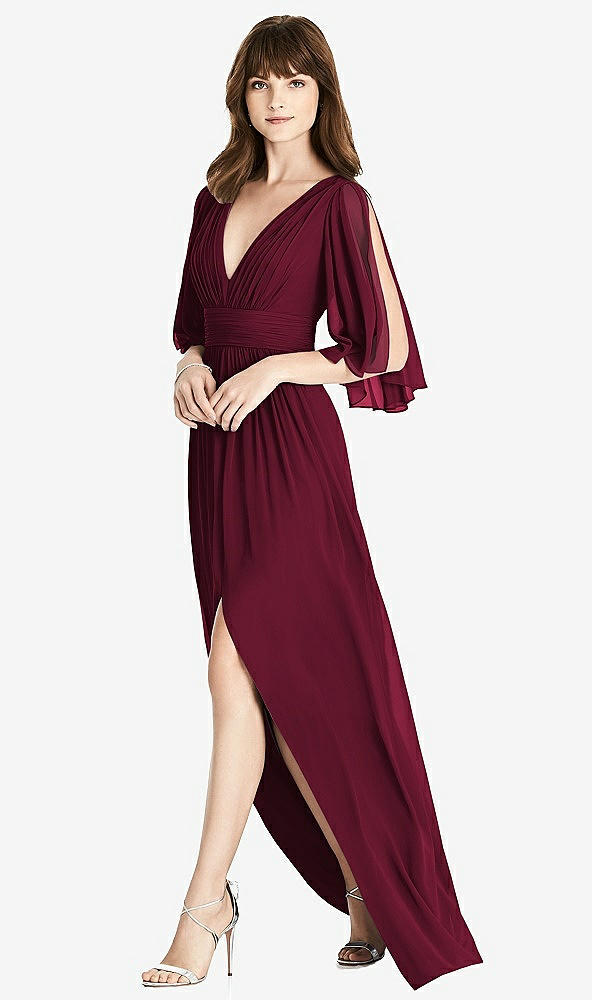 Front View - Cabernet Split Sleeve Backless Chiffon Maxi Dress