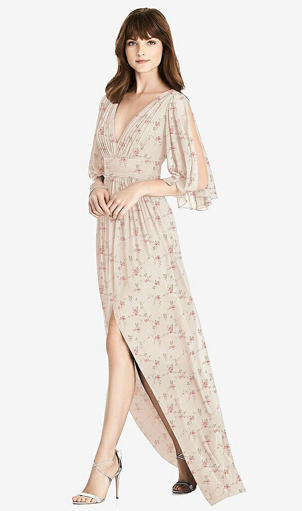 Front View - Coquette Floral Print Split Sleeve Backless Chiffon Maxi Dress