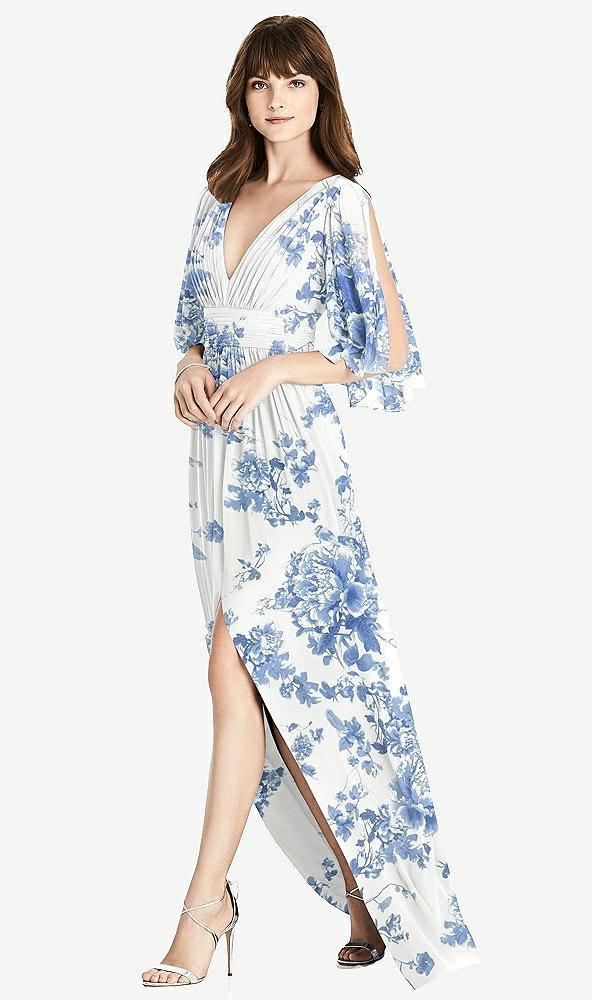 Front View - Cottage Rose Dusk Blue Split Sleeve Backless Chiffon Maxi Dress