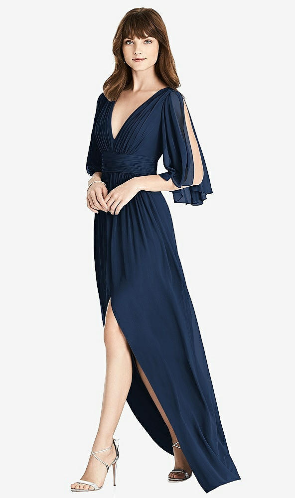 Front View - Midnight Navy Split Sleeve Backless Chiffon Maxi Dress