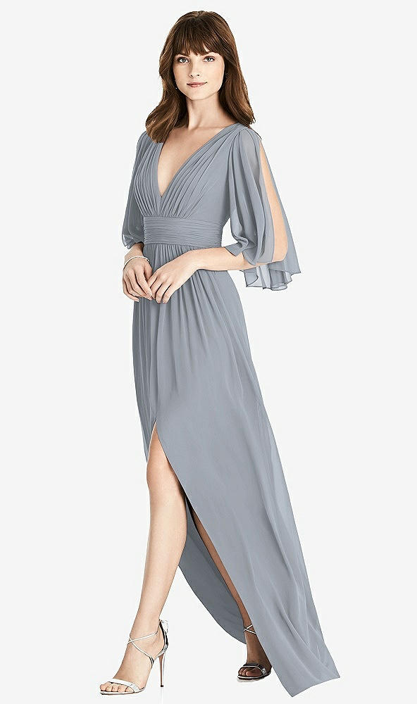 Front View - Platinum Split Sleeve Backless Chiffon Maxi Dress