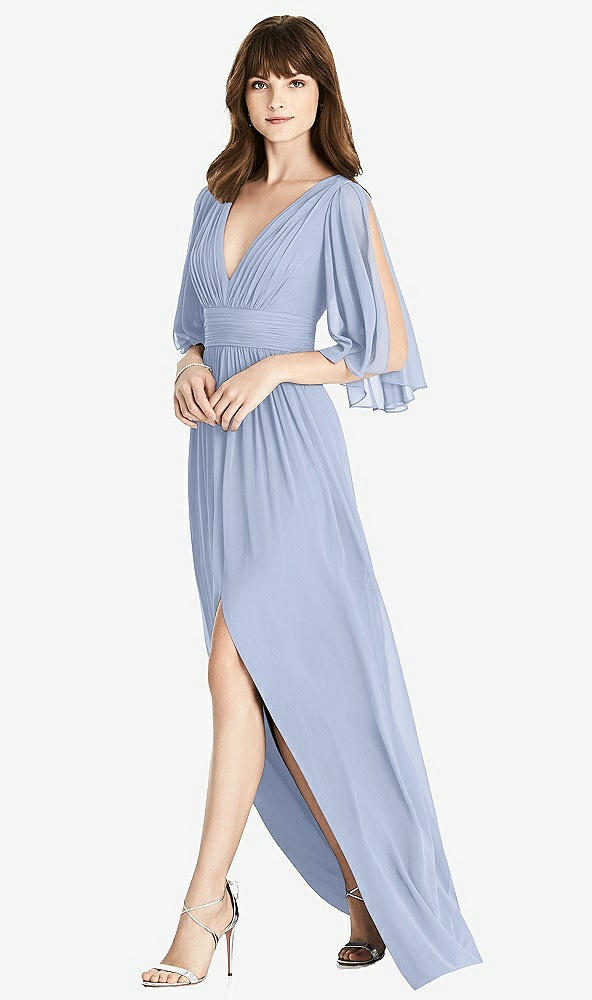 Front View - Sky Blue Split Sleeve Backless Chiffon Maxi Dress