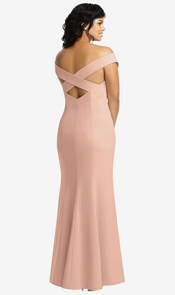 Back View - Pale Peach Off-the-Shoulder Criss Cross Back Trumpet Gown