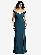 Front View Thumbnail - Atlantic Blue Off-the-Shoulder Criss Cross Back Trumpet Gown