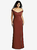 Front View Thumbnail - Auburn Moon Off-the-Shoulder Criss Cross Back Trumpet Gown