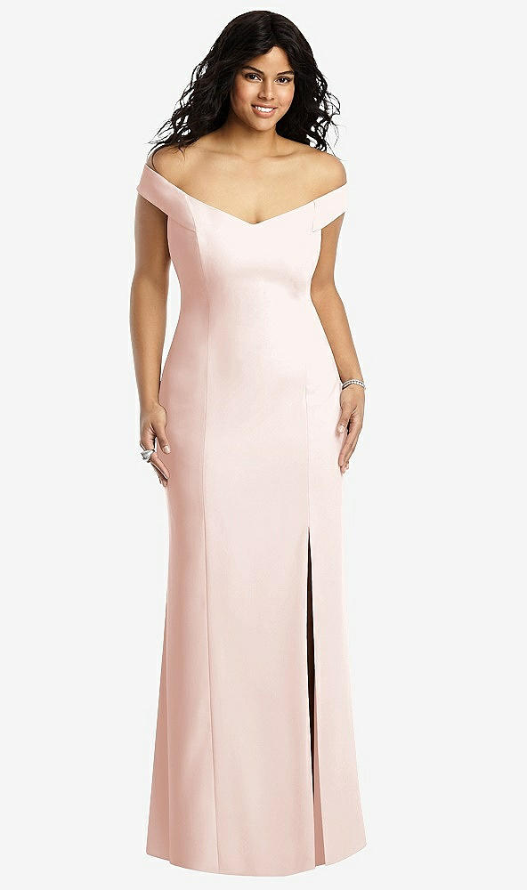 Front View - Blush Off-the-Shoulder Criss Cross Back Trumpet Gown