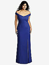 Front View Thumbnail - Cobalt Blue Off-the-Shoulder Criss Cross Back Trumpet Gown