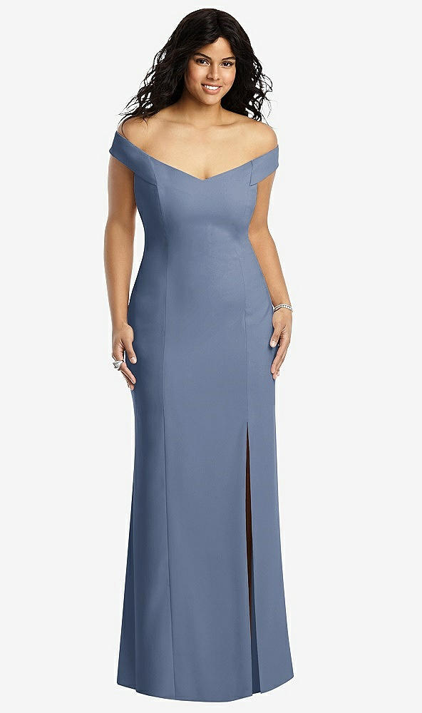 Front View - Larkspur Blue Off-the-Shoulder Criss Cross Back Trumpet Gown