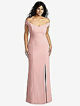 Front View Thumbnail - Rose - PANTONE Rose Quartz Off-the-Shoulder Criss Cross Back Trumpet Gown