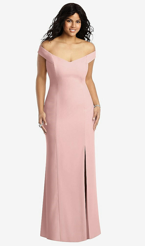 Front View - Rose - PANTONE Rose Quartz Off-the-Shoulder Criss Cross Back Trumpet Gown