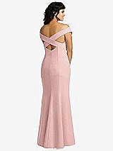 Rear View Thumbnail - Rose - PANTONE Rose Quartz Off-the-Shoulder Criss Cross Back Trumpet Gown