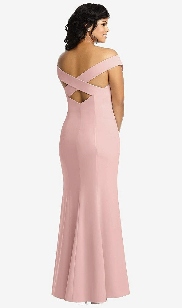 Back View - Rose - PANTONE Rose Quartz Off-the-Shoulder Criss Cross Back Trumpet Gown