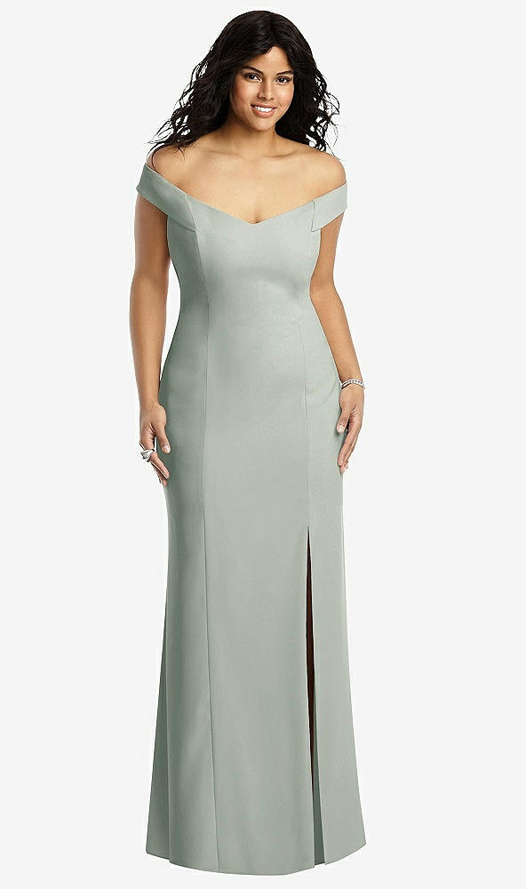 Front View - Willow Green Off-the-Shoulder Criss Cross Back Trumpet Gown