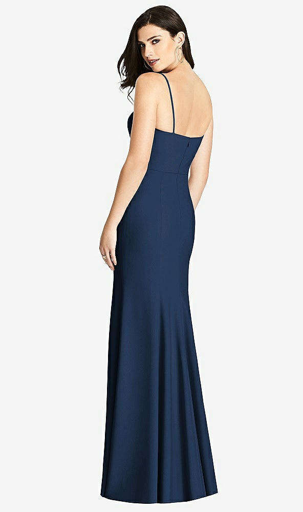 Back View - Midnight Navy Seamed Bodice Crepe Trumpet Gown with Front Slit