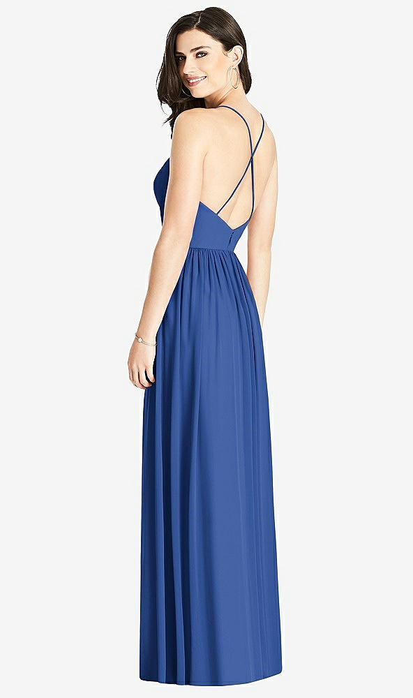 Back View - Classic Blue Criss Cross Strap Backless Maxi Dress