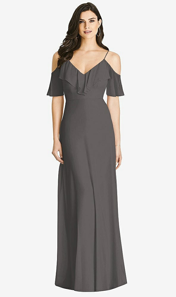 Front View - Caviar Gray Ruffled Cold-Shoulder Chiffon Maxi Dress