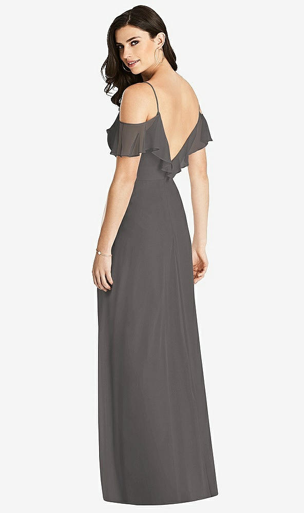 Back View - Caviar Gray Ruffled Cold-Shoulder Chiffon Maxi Dress