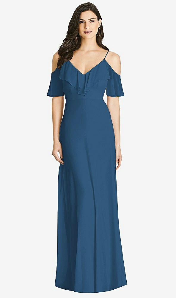 Front View - Dusk Blue Ruffled Cold-Shoulder Chiffon Maxi Dress