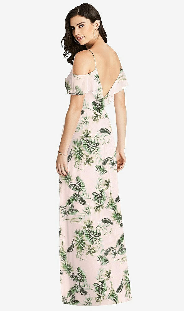 Back View - Palm Beach Print Ruffled Cold-Shoulder Chiffon Maxi Dress