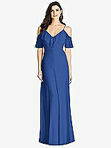 Front View Thumbnail - Classic Blue Ruffled Cold-Shoulder Chiffon Maxi Dress