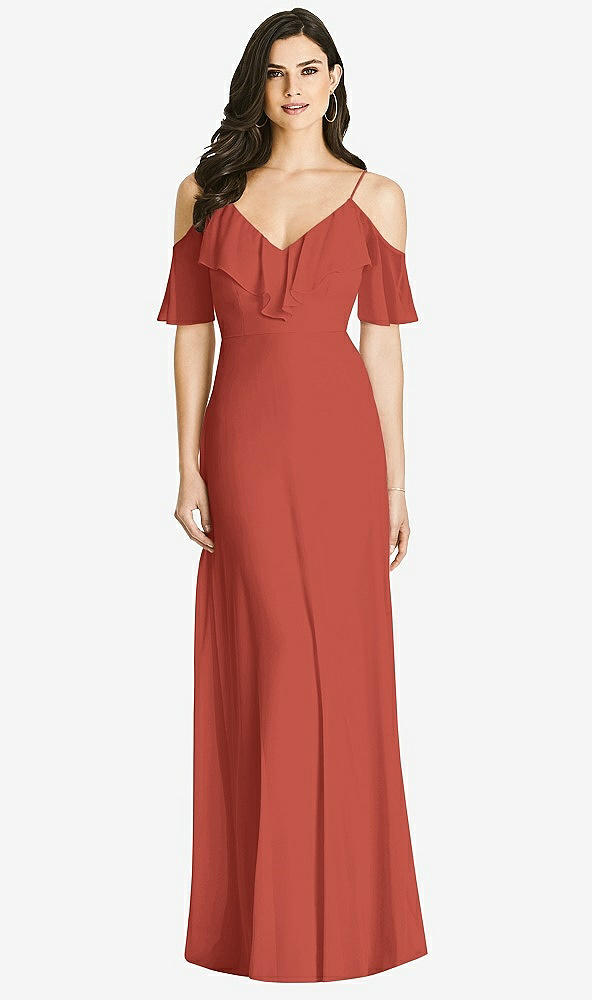 Front View - Amber Sunset Ruffled Cold-Shoulder Chiffon Maxi Dress