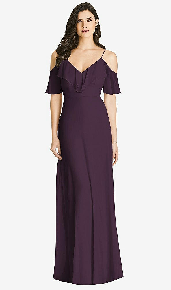 Front View - Aubergine Ruffled Cold-Shoulder Chiffon Maxi Dress