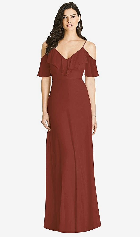 Front View - Auburn Moon Ruffled Cold-Shoulder Chiffon Maxi Dress