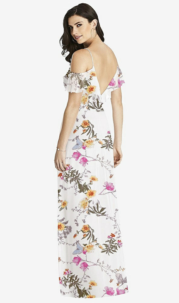 Back View - Butterfly Botanica Ivory Ruffled Cold-Shoulder Chiffon Maxi Dress