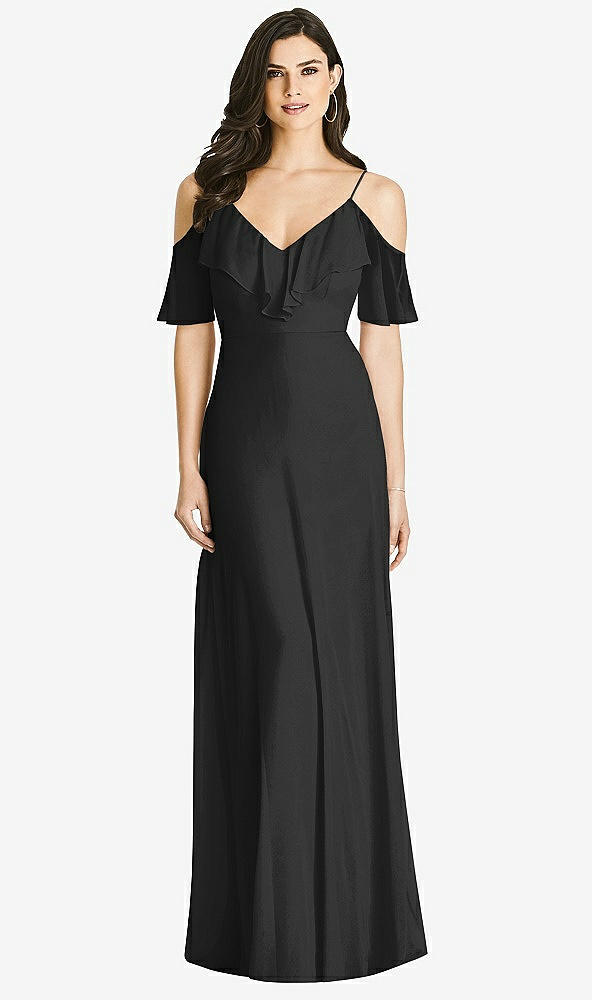 Front View - Black Ruffled Cold-Shoulder Chiffon Maxi Dress