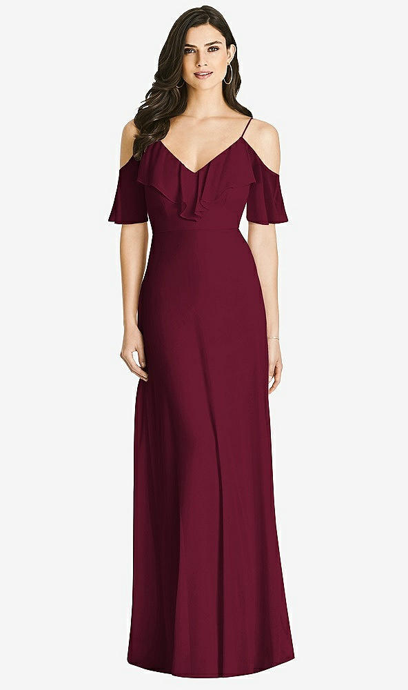 Front View - Cabernet Ruffled Cold-Shoulder Chiffon Maxi Dress