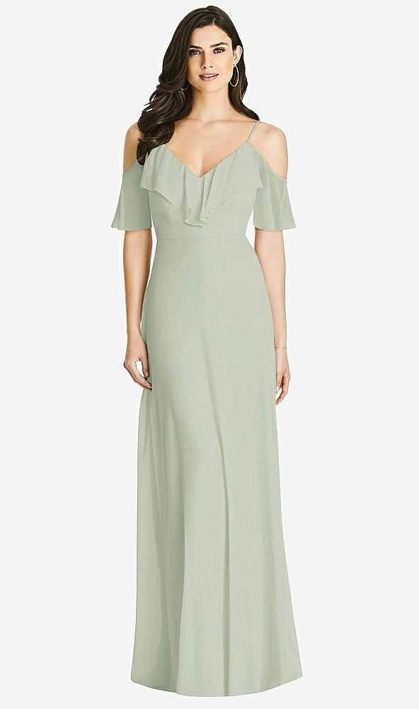 Front View - Celadon Ruffled Cold-Shoulder Chiffon Maxi Dress