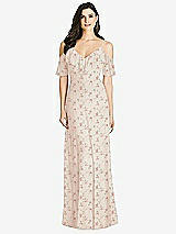 Front View Thumbnail - Coquette Floral Print Ruffled Cold-Shoulder Chiffon Maxi Dress