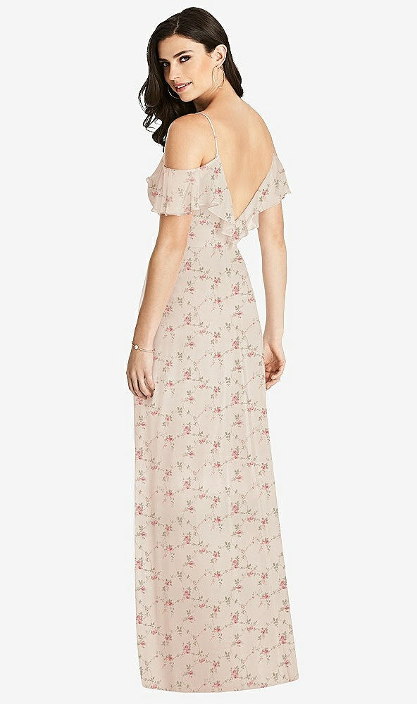 Back View - Coquette Floral Print Ruffled Cold-Shoulder Chiffon Maxi Dress