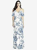 Front View Thumbnail - Cottage Rose Dusk Blue Ruffled Cold-Shoulder Chiffon Maxi Dress