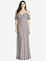 Front View Thumbnail - Cashmere Gray Ruffled Cold-Shoulder Chiffon Maxi Dress