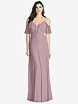 Front View Thumbnail - Dusty Rose Ruffled Cold-Shoulder Chiffon Maxi Dress