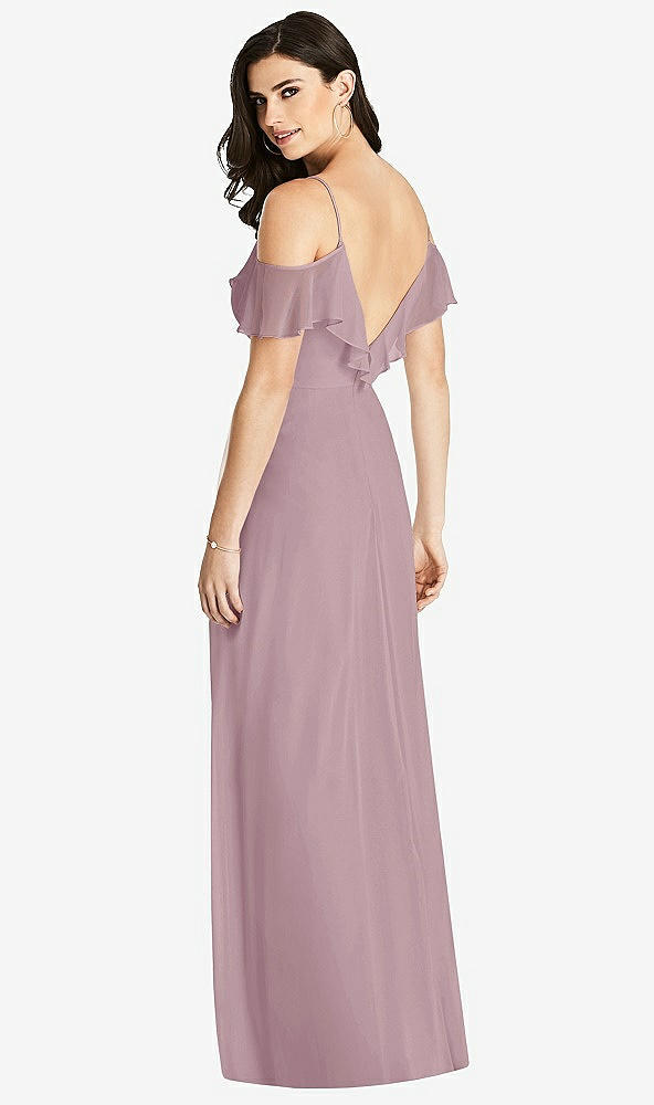 Back View - Dusty Rose Ruffled Cold-Shoulder Chiffon Maxi Dress