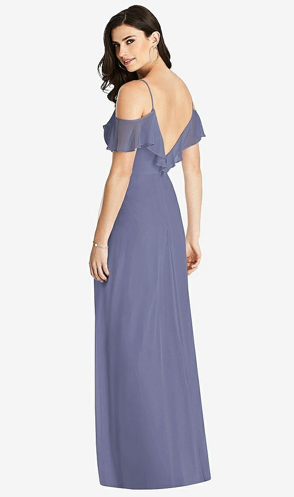 Back View - French Blue Ruffled Cold-Shoulder Chiffon Maxi Dress