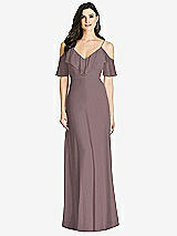 Front View Thumbnail - French Truffle Ruffled Cold-Shoulder Chiffon Maxi Dress