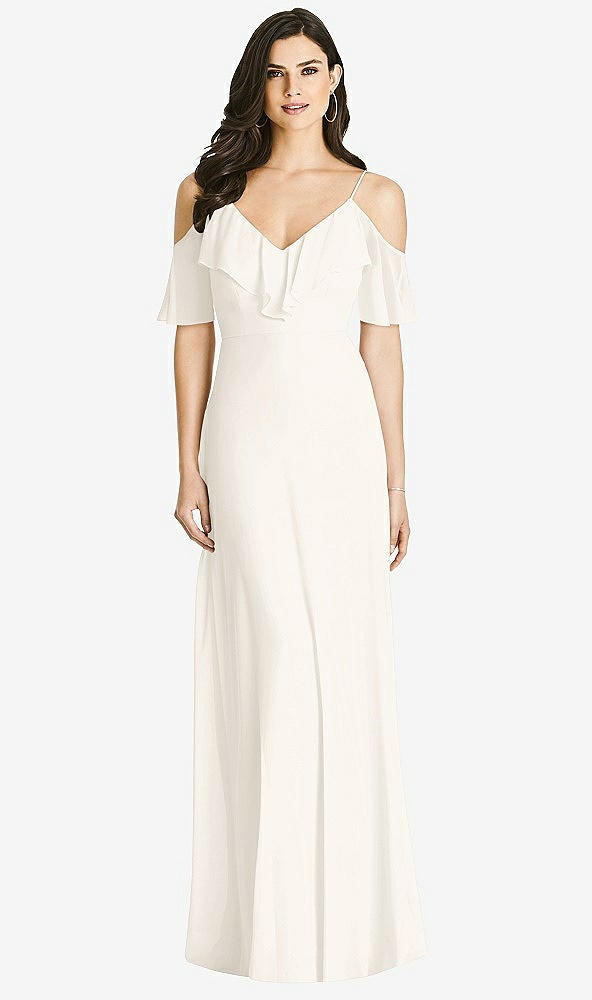 Front View - Ivory Ruffled Cold-Shoulder Chiffon Maxi Dress