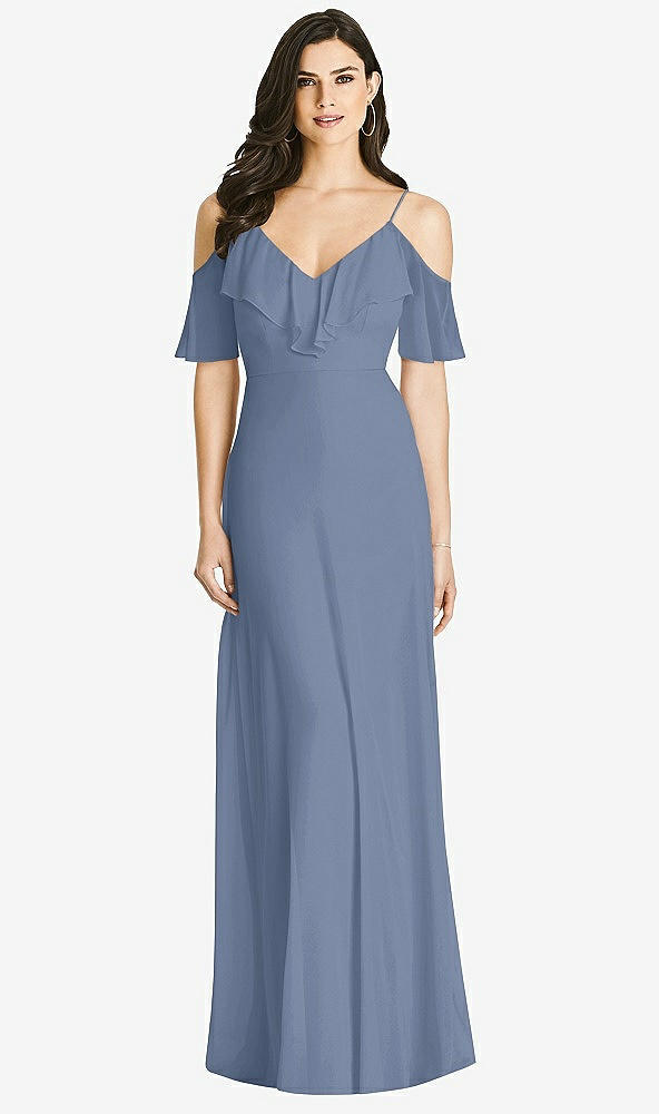 Front View - Larkspur Blue Ruffled Cold-Shoulder Chiffon Maxi Dress