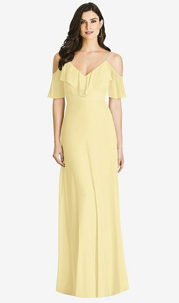 Front View - Pale Yellow Ruffled Cold-Shoulder Chiffon Maxi Dress