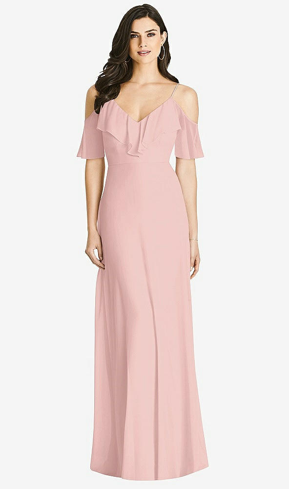 Front View - Rose - PANTONE Rose Quartz Ruffled Cold-Shoulder Chiffon Maxi Dress