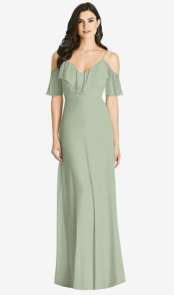 Front View - Sage Ruffled Cold-Shoulder Chiffon Maxi Dress