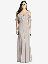 Front View Thumbnail - Taupe Ruffled Cold-Shoulder Chiffon Maxi Dress